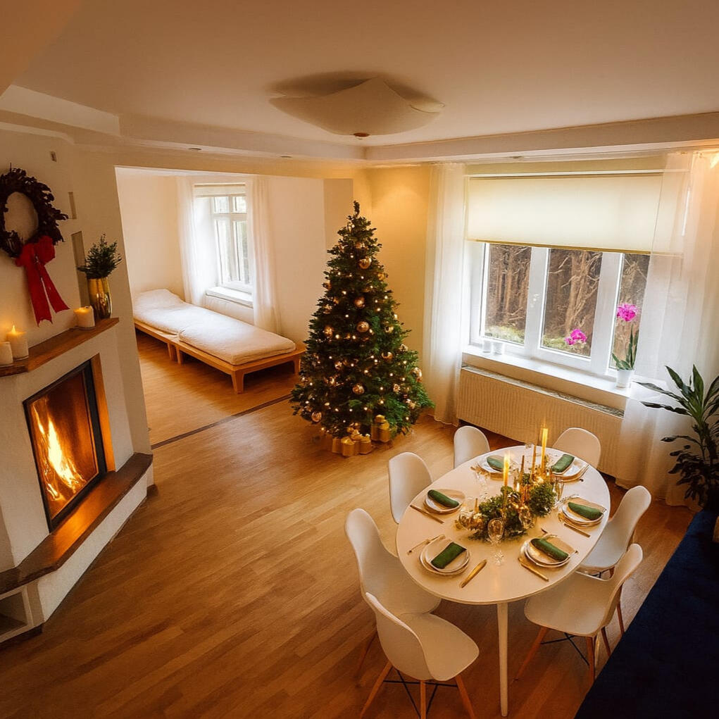 Spacious living room with fireplace